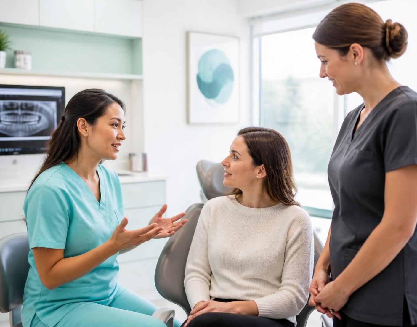 Une dentiste explique le déroulement du soin à une patiente attentive, accompagnée d'une assistante dentaire.